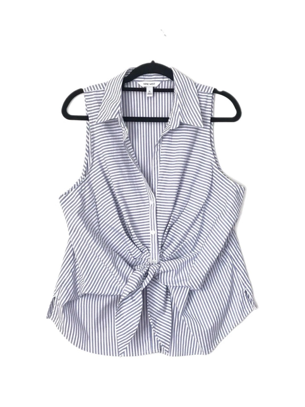 Nine West Navy and White Striped Sleeveless Button-Front Tie Shirt